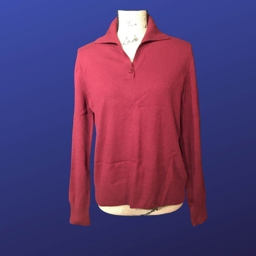 PRIVE CASHMERE 100% CASHMERE Collar Polo Pullover Sweater, BURGUNDY, NWT, Size L